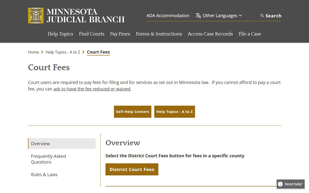 Minnesota Dakota County Court records fee page