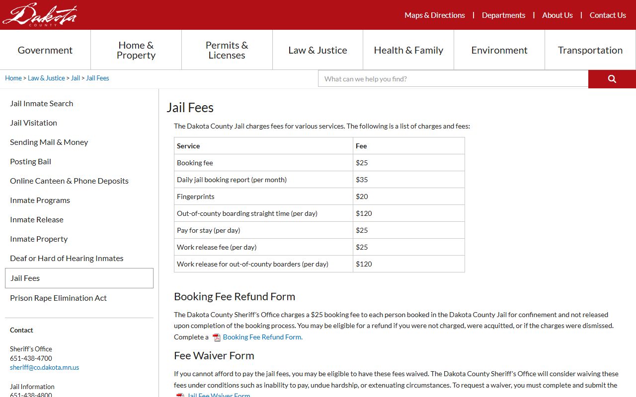Dakota County inmate population jail fees