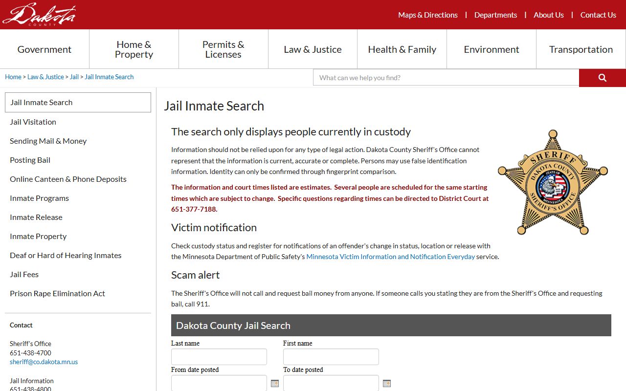 Dakota County jail inmate search form