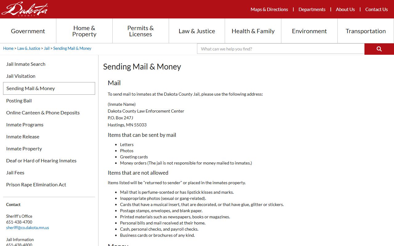 Dakota County jail mail and money rules