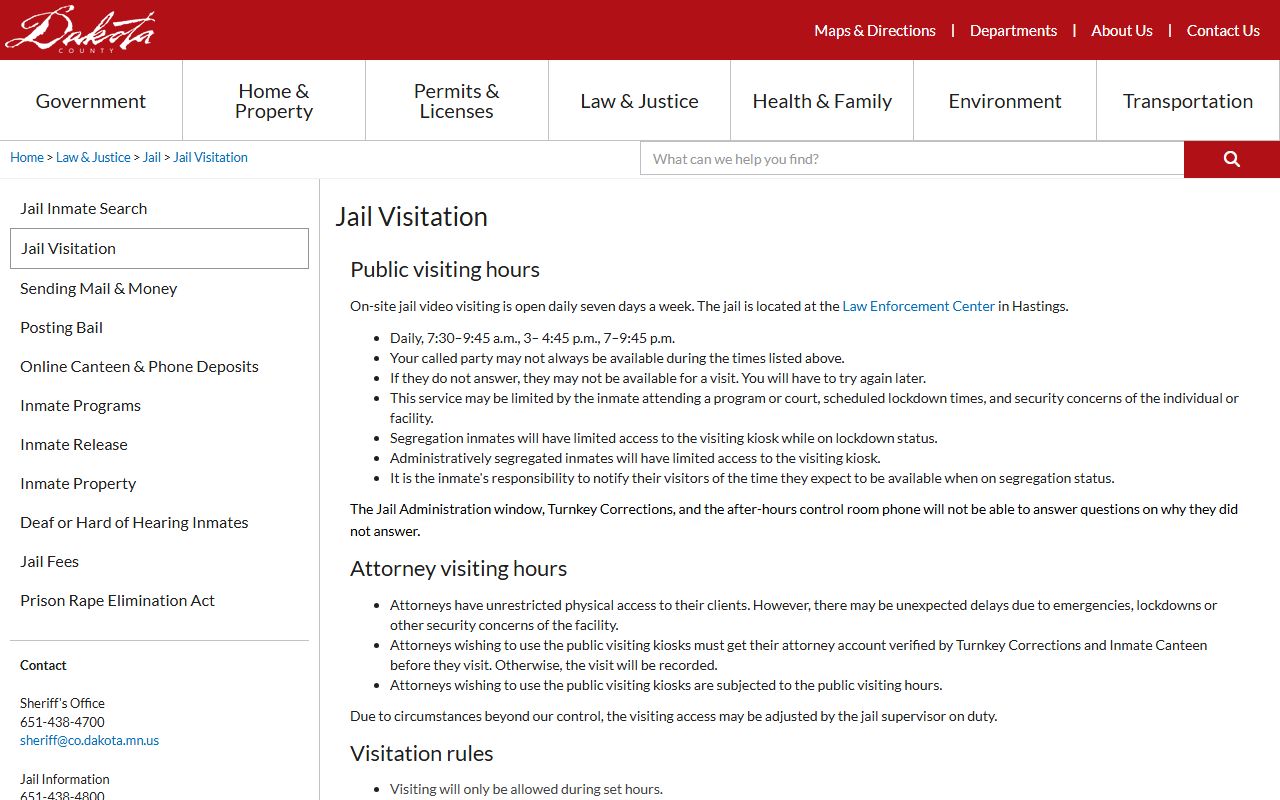 Dakota County jail visitation hours and rules