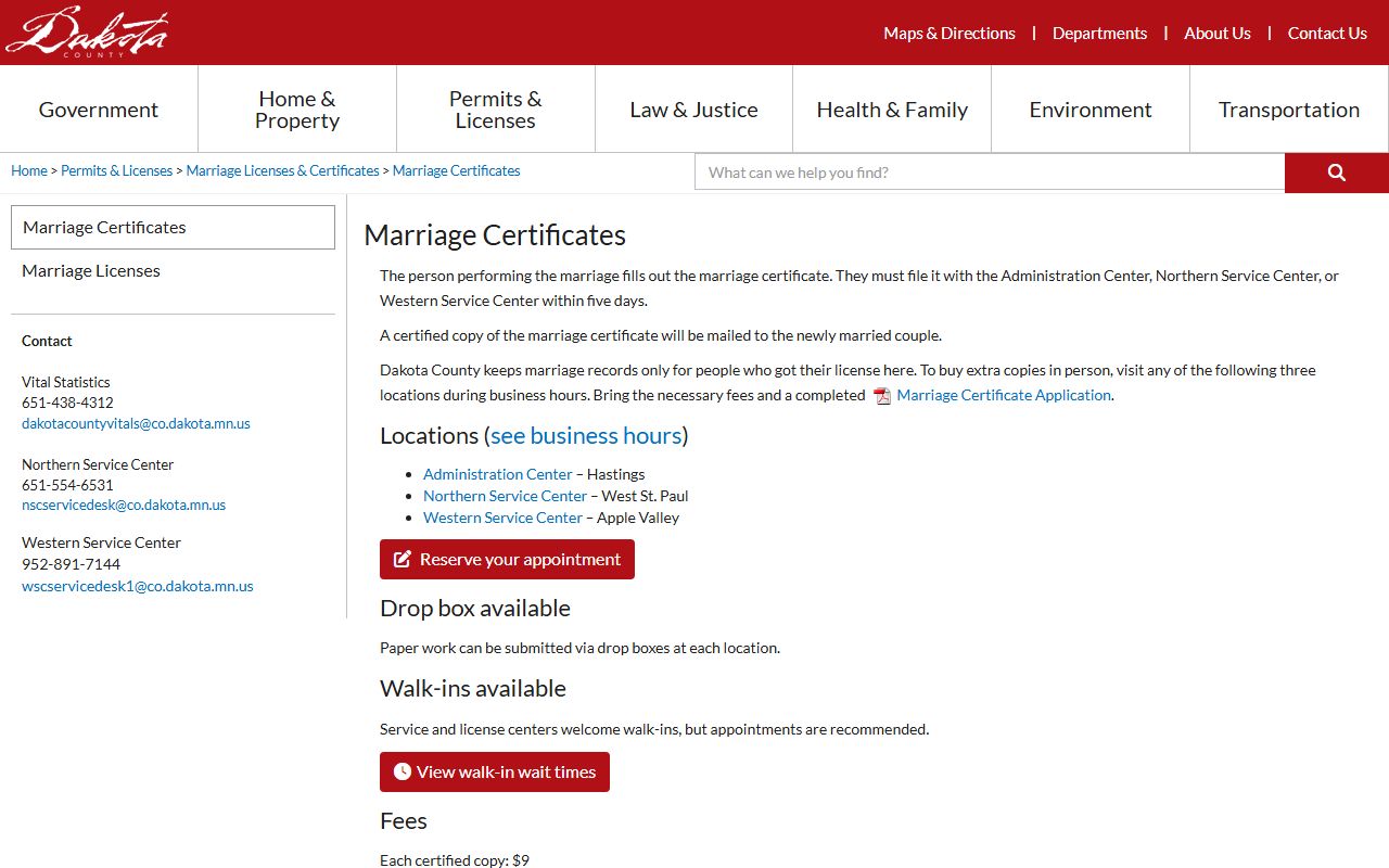 Dakota County marriage and divorce records certificates