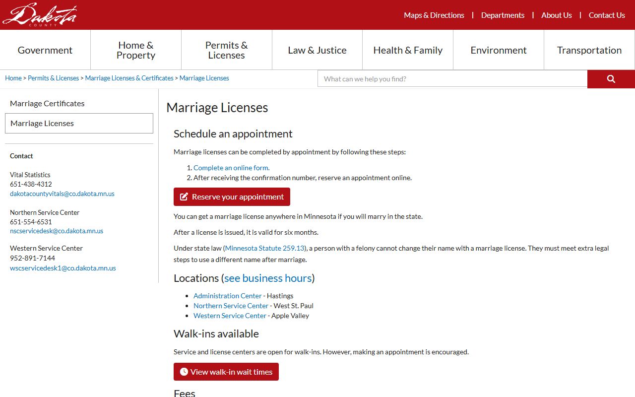 Dakota County marriage and divorce records license page