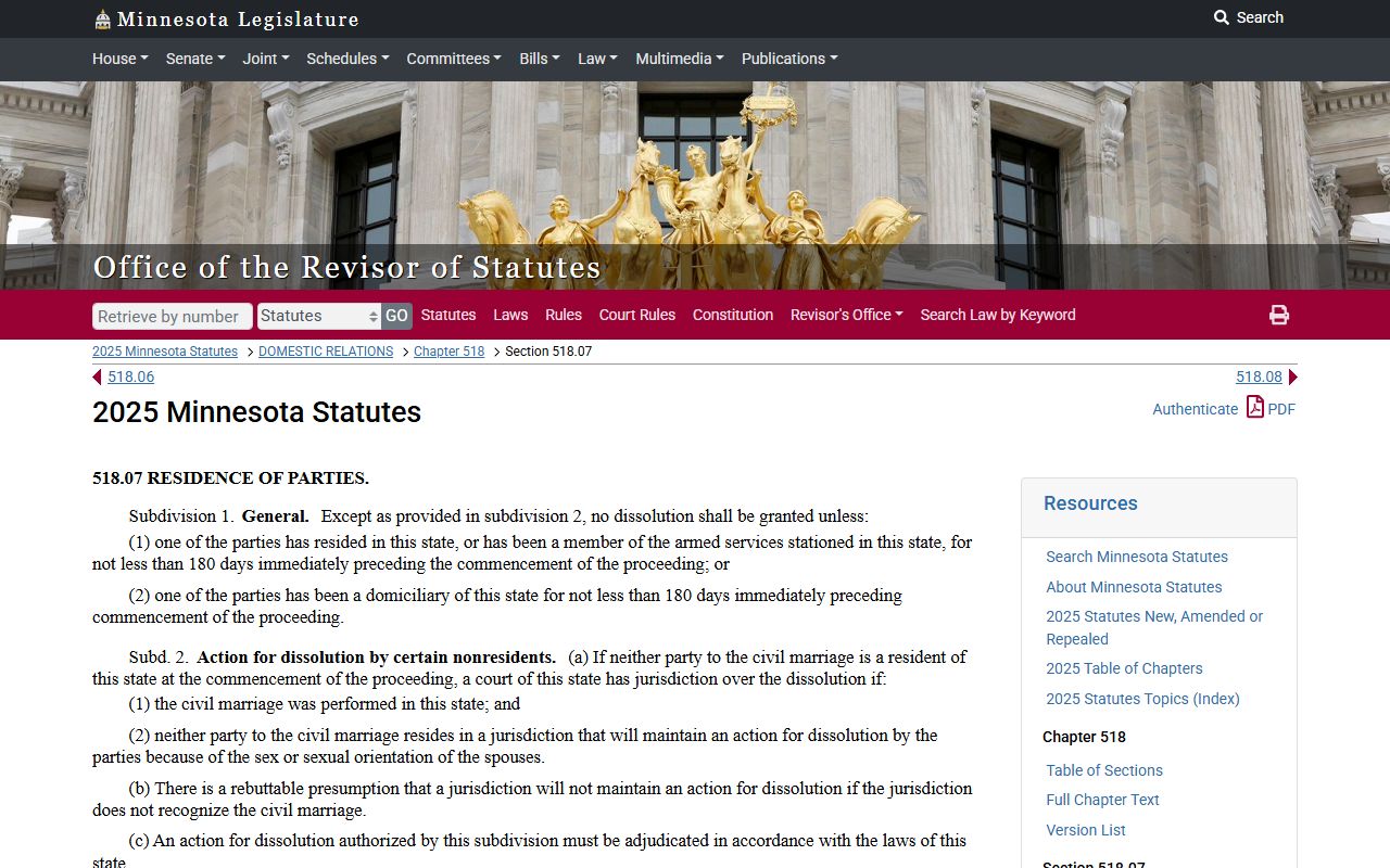 Dakota County marriage statutes divorce residence requirement