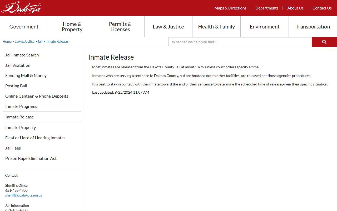 Dakota County released inmates jail release page